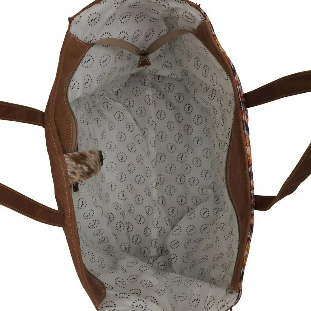 Myra Bag Handmade Geometric Weekender Bag Upcycled Canvas & Cowhide Leather